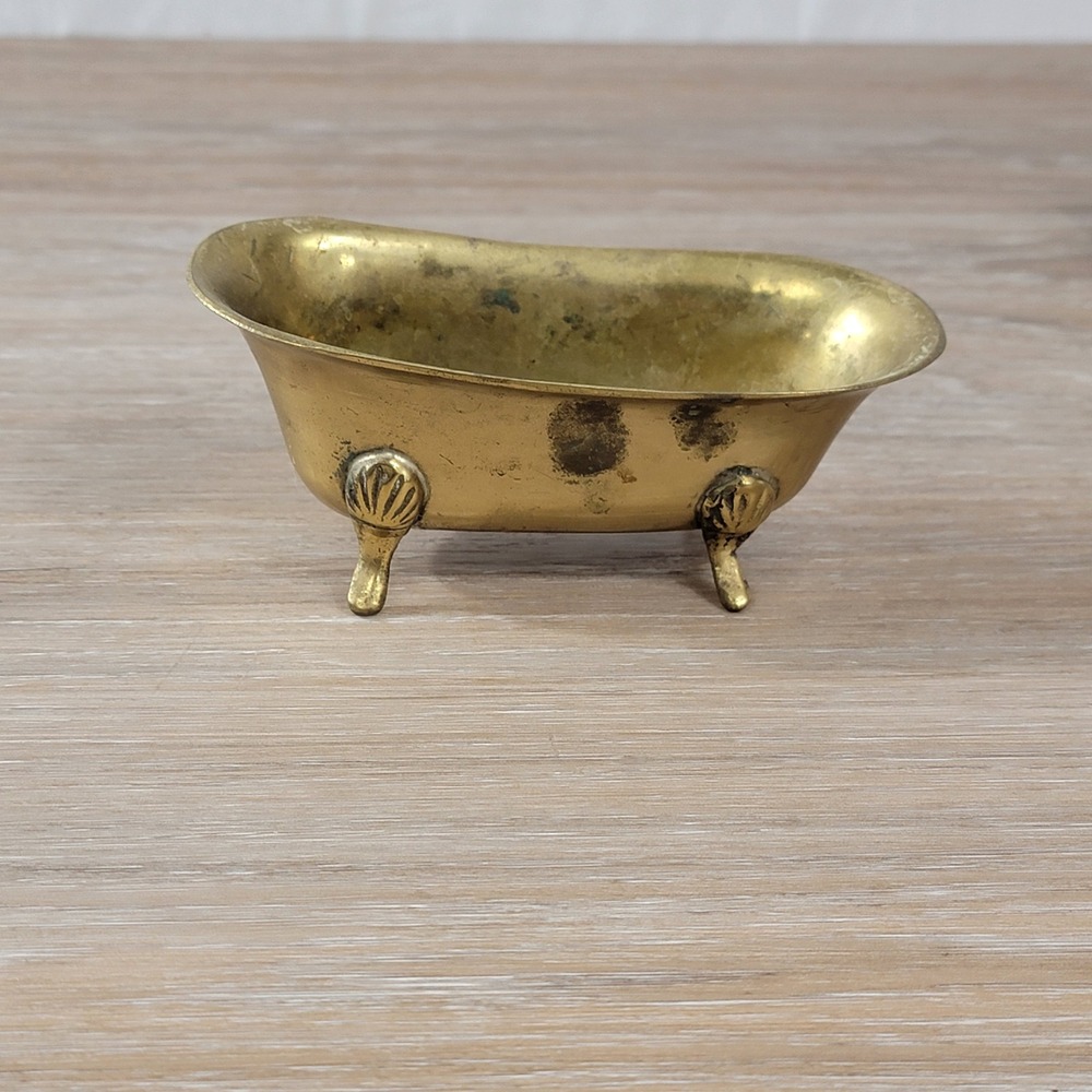 Vintage Brass Miniature Clawfoot Bathtub Trinket Dish Shell Feet Decor
